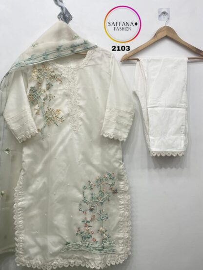 SAFFANA FASHION 2103 OFF WHITE READYMADE PAKISTANI KURTI WITH PRICE