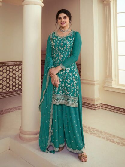 HK 1667 PEACOCK BLUE READYMADE KURTI PLAZZO SET ONLINE