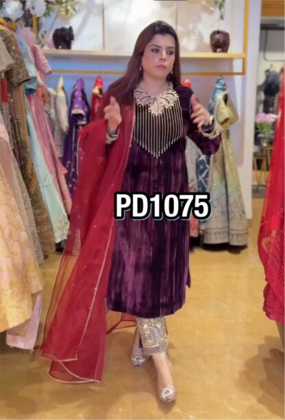 PD1075 PURE CRUSH VISCOSE VELVET TOP PLAZZO & DUPATTA SET ONLINE BEST QUALITY PAKISTANI SUITS, ONLINE SHOPPING SUITS, PAKISTANI SALWAR KAMEEZ, PAKISTANI SUITS AT MANUFACTURER PRICE, PAKISTANI SUITS BEST PRICE, PAKISTANI SUITS IN SURAT, PAKISTANI SUITS ONLINE SHOPPING, THE LIBAS COLLECTION PD 1015  PD, PLAZZO, READYMADE, Single, Suits, THE LIBAS COLLECTION