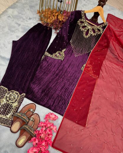PD1075 PURE CRUSH VISCOSE VELVET TOP PLAZZO & DUPATTA SET ONLINE BEST QUALITY PAKISTANI SUITS, ONLINE SHOPPING SUITS, PAKISTANI SALWAR KAMEEZ, PAKISTANI SUITS AT MANUFACTURER PRICE, PAKISTANI SUITS BEST PRICE, PAKISTANI SUITS IN SURAT, PAKISTANI SUITS ONLINE SHOPPING, THE LIBAS COLLECTION PD 1015  PD, PLAZZO, READYMADE, Single, Suits, THE LIBAS COLLECTION