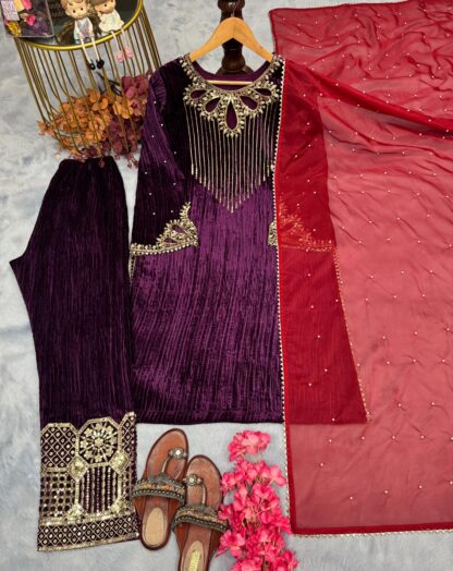 PD1075 PURE CRUSH VISCOSE VELVET TOP PLAZZO & DUPATTA SET ONLINE BEST QUALITY PAKISTANI SUITS, ONLINE SHOPPING SUITS, PAKISTANI SALWAR KAMEEZ, PAKISTANI SUITS AT MANUFACTURER PRICE, PAKISTANI SUITS BEST PRICE, PAKISTANI SUITS IN SURAT, PAKISTANI SUITS ONLINE SHOPPING, THE LIBAS COLLECTION PD 1015  PD, PLAZZO, READYMADE, Single, Suits, THE LIBAS COLLECTION