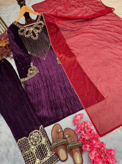 PD1075 PURE CRUSH VISCOSE VELVET TOP PLAZZO & DUPATTA SET ONLINE BEST QUALITY PAKISTANI SUITS, ONLINE SHOPPING SUITS, PAKISTANI SALWAR KAMEEZ, PAKISTANI SUITS AT MANUFACTURER PRICE, PAKISTANI SUITS BEST PRICE, PAKISTANI SUITS IN SURAT, PAKISTANI SUITS ONLINE SHOPPING, THE LIBAS COLLECTION PD 1015  PD, PLAZZO, READYMADE, Single, Suits, THE LIBAS COLLECTION