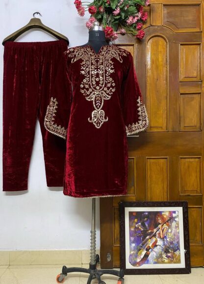LC 1156 MAROON VELVET PLAZZO PARTY WEAR COLLECTION ONLINE LC 1156 MAROON, SALWAR KAMEEZ WHOLESALER  LC, PLAZZO, Single, Suits