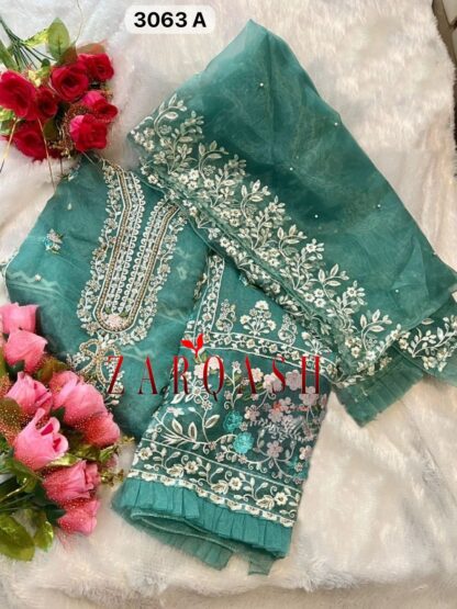 ZARQASH Z 3064 D ORGANZA PAKISTANI SUITS FOR LADIES COTTON SUITS, PAKISTANI SUITS ONLINE, PAKISTANI SUITS SINGLE PIECE, SALWAR KAMEEZ ONLINE, ZARQASH Z 3064 D ORGANZA  Pakistani Suits, Salwar Kameez, Single, Suits, ZARQASH