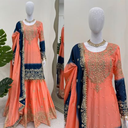 KD 1498 ORANGE RICH COMBINATION SHARARA SET ONLINE