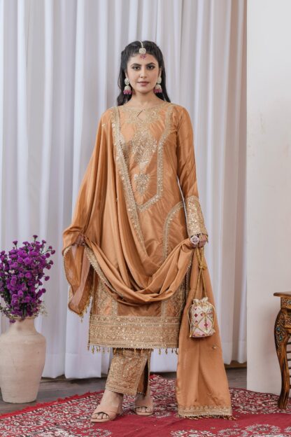 PD1041 BROWN YELLOW SILK PLAZZO WITH DUPATTA PARTY WEAR