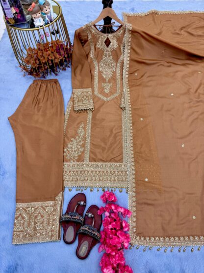 PD1041 BROWN YELLOW SILK PLAZZO WITH DUPATTA PARTY WEAR