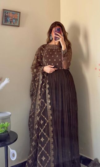 AD187 CRUSH CHIONON SILK FANCY GOWN DUPATTA & BOTTOM SET FOR WOMENAD187 CRUSH CHIONON SILK FANCY GOWN DUPATTA & BOTTOM SET FOR WOMEN