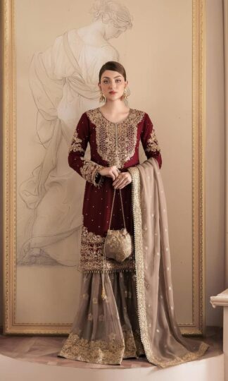 THE LIBAS MAROON SHARARA STITCH READYMADE COLLECTION WITH PRICETHE LIBAS MAROON SHARARA STITCH READYMADE COLLECTION WITH PRICE