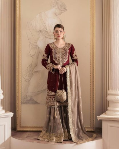 THE LIBAS MAROON SHARARA STITCH READYMADE COLLECTION WITH PRICE