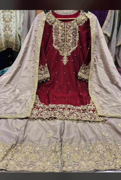 THE LIBAS MAROON SHARARA STITCH READYMADE COLLECTION WITH PRICE - Image 3