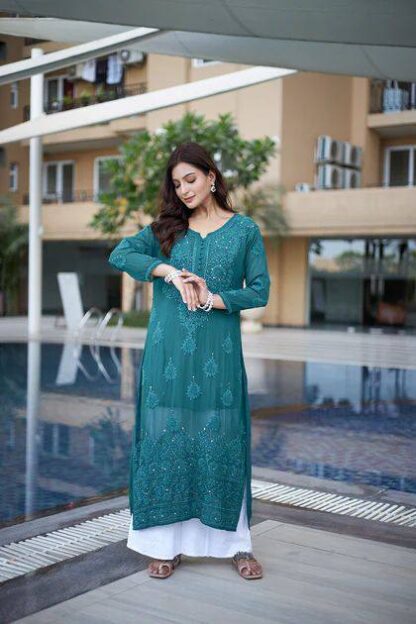 BE 306 PEACOCK BLUE DESIGNER WEAR TRENDING SUMMER PLAZZO SET SUPPLIER (2)