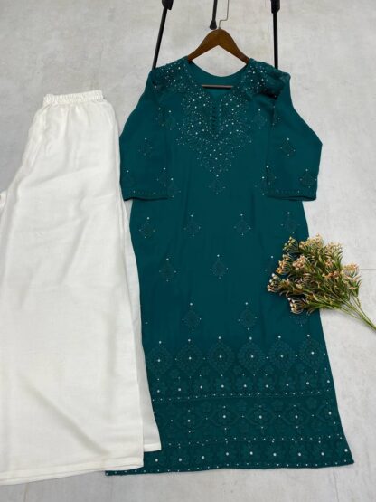 BE 306 PEACOCK BLUE DESIGNER WEAR TRENDING SUMMER PLAZZO SET SUPPLIER - Image 2