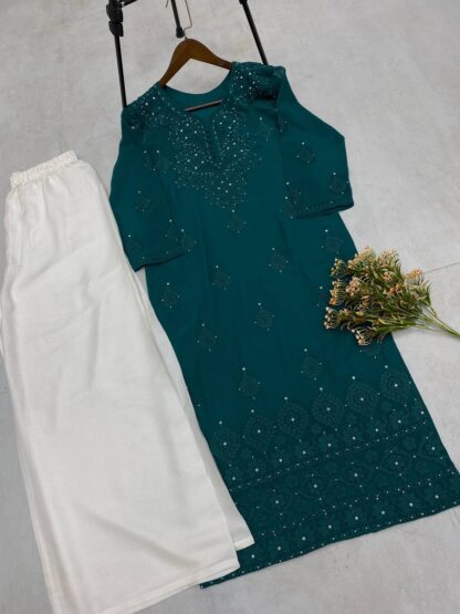 BE 306 PEACOCK BLUE DESIGNER WEAR TRENDING SUMMER PLAZZO SET SUPPLIER - Image 3