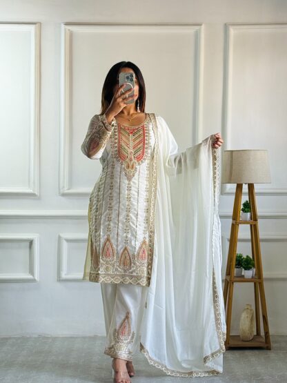 FD 123 WHITE CHINON TOP PENT & DUPATTA SET FULLY STITCHED ONLINE - Image 3