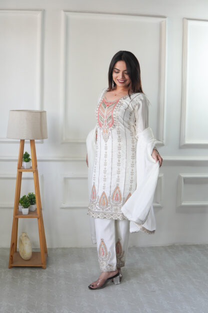 FD 123 WHITE CHINON TOP PENT & DUPATTA SET FULLY STITCHED ONLINE - Image 4