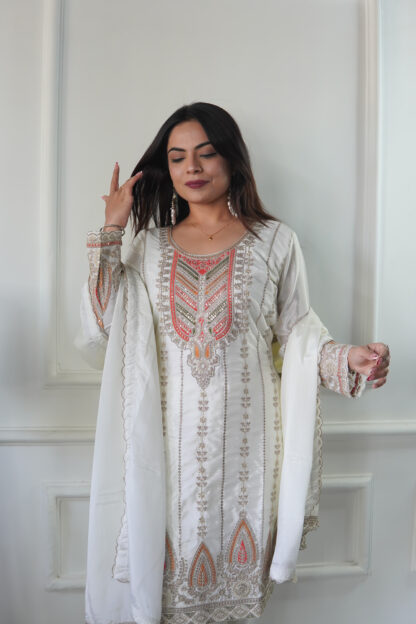 FD 123 WHITE CHINON TOP PENT & DUPATTA SET FULLY STITCHED ONLINE - Image 5