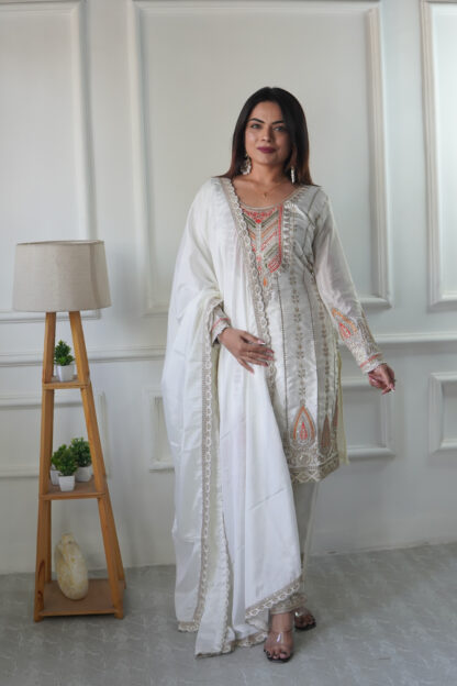 FD 123 WHITE CHINON TOP PENT & DUPATTA SET FULLY STITCHED ONLINE - Image 6