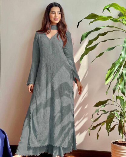 BE 170 GREY RICH COMBINATION TOP PLAZO WITH DUPATTA