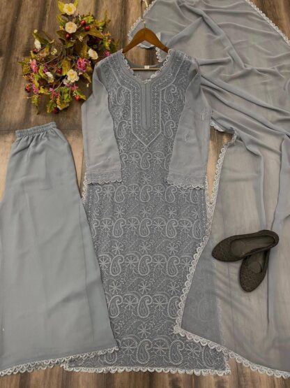 BE 170 GREY RICH COMBINATION TOP PLAZO WITH DUPATTA