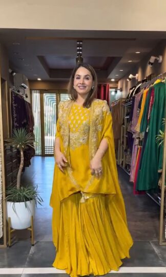BE 344 YELLOW CREAP SILK EMBROIDERY WORK AND SARARA WITH SHURGBE 344 YELLOW CREAP SILK EMBROIDERY WORK AND SARARA WITH SHURG