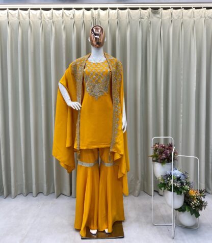BE 344 YELLOW CREAP SILK EMBROIDERY WORK AND SARARA WITH SHURG - Image 5