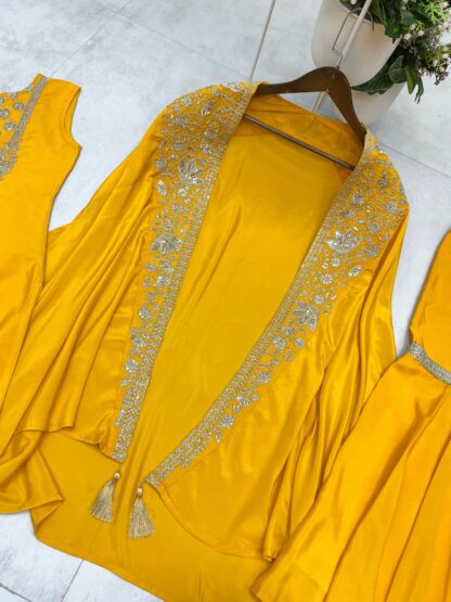 BE 344 YELLOW CREAP SILK EMBROIDERY WORK AND SARARA WITH SHURG - Image 2