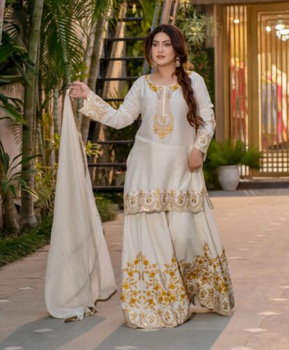 HK 1704 WHITE DESIGNER PARTY WEAR PLAZZO SET FOR WOMEN HK 1704 WHITE, KURTIS WHOLESALER  HK, PLAZZO, READYMADE, SHARARA, Single, Suits