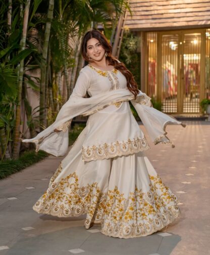 HK 1704 WHITE DESIGNER PARTY WEAR PLAZZO SET FOR WOMEN HK 1704 WHITE, KURTIS WHOLESALER  HK, PLAZZO, READYMADE, SHARARA, Single, Suits
