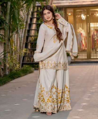 HK 1704 WHITE DESIGNER PARTY WEAR PLAZZO SET FOR WOMEN HK 1704 WHITE, KURTIS WHOLESALER  HK, PLAZZO, READYMADE, SHARARA, Single, Suits