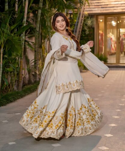 HK 1704 WHITE DESIGNER PARTY WEAR PLAZZO SET FOR WOMEN HK 1704 WHITE, KURTIS WHOLESALER  HK, PLAZZO, READYMADE, SHARARA, Single, Suits