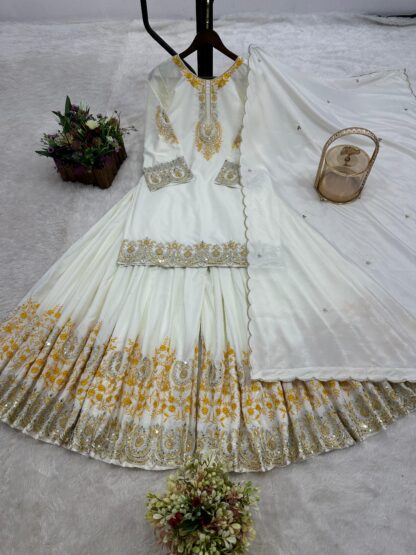 HK 1704 WHITE DESIGNER PARTY WEAR PLAZZO SET FOR WOMEN HK 1704 WHITE, KURTIS WHOLESALER  HK, PLAZZO, READYMADE, SHARARA, Single, Suits