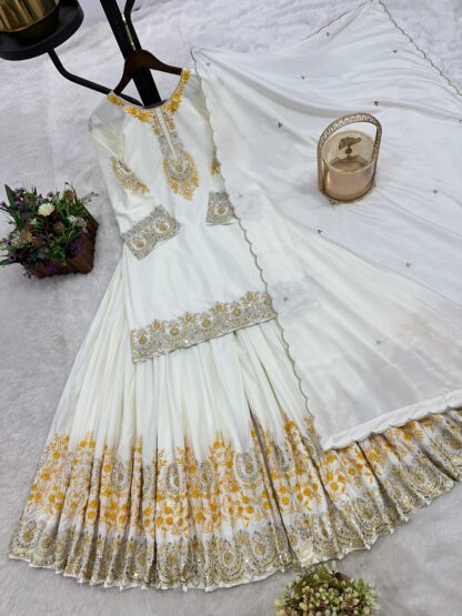HK 1704 WHITE DESIGNER PARTY WEAR PLAZZO SET FOR WOMEN HK 1704 WHITE, KURTIS WHOLESALER  HK, PLAZZO, READYMADE, SHARARA, Single, Suits