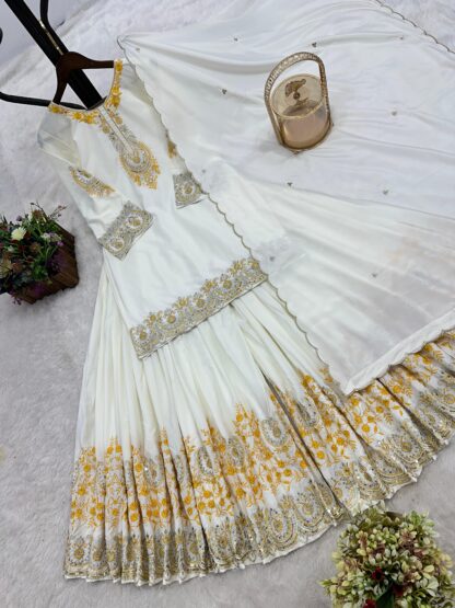 HK 1704 WHITE DESIGNER PARTY WEAR PLAZZO SET FOR WOMEN HK 1704 WHITE, KURTIS WHOLESALER  HK, PLAZZO, READYMADE, SHARARA, Single, Suits
