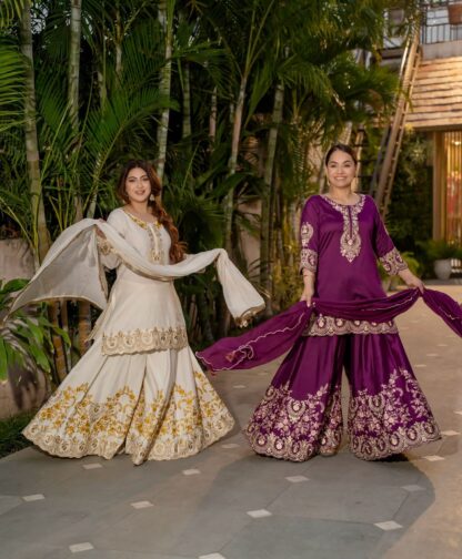 HK 1704 WHITE DESIGNER PARTY WEAR PLAZZO SET FOR WOMEN HK 1704 WHITE, KURTIS WHOLESALER  HK, PLAZZO, READYMADE, SHARARA, Single, Suits