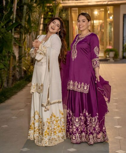 HK 1704 WHITE DESIGNER PARTY WEAR PLAZZO SET FOR WOMEN HK 1704 WHITE, KURTIS WHOLESALER  HK, PLAZZO, READYMADE, SHARARA, Single, Suits