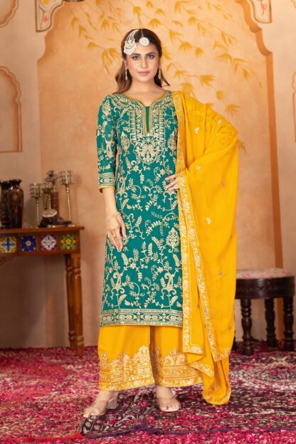 KF 1687 GREEN GEORGETTE FANCY PAKISTANI STYLE PLAZZO SET WITH PRICE BEST QUALITY PAKISTANI SUITS, KF 1687 GREEN, ONLINE SHOPPING SUITS, PAKISTANI SUITS BEST PRICE, PAKISTANI SUITS MANUFACTURER IN SURAT, SALWAR KAMEEZ WHOLESALE  COTTON SUITS, JIHAN, Pakistani Suits, Single, Suits