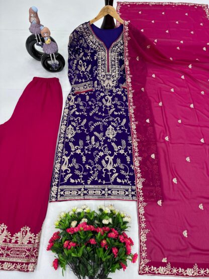 KF 1687 PURPLE GEORGETTE FANCY PAKISTANI STYLE PLAZZO SET ONLINE BEST QUALITY PAKISTANI SUITS, KF 1687 PURPLE, ONLINE SHOPPING SUITS, PAKISTANI SUITS BEST PRICE, PAKISTANI SUITS MANUFACTURER IN SURAT, SALWAR KAMEEZ WHOLESALE  COTTON SUITS, JIHAN, Pakistani Suits, Single, Suits