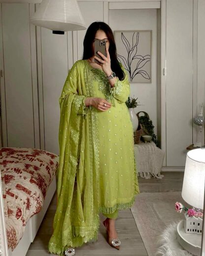 LC 1356 LAMON GREEN GEORGETTE KURTI PANT SET ONLINE SHOPPING