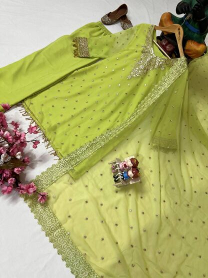 LC 1356 LAMON GREEN GEORGETTE KURTI PANT SET ONLINE SHOPPING - Image 4