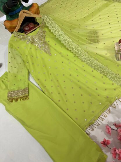 LC 1356 LAMON GREEN GEORGETTE KURTI PANT SET ONLINE SHOPPING - Image 3
