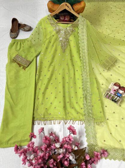 LC 1356 LAMON GREEN GEORGETTE KURTI PANT SET ONLINE SHOPPING - Image 2