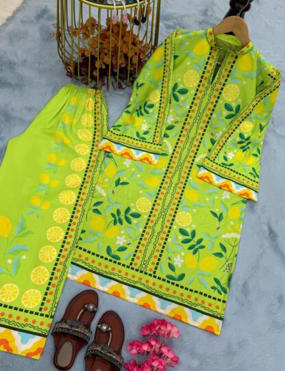 PD1115 LEMON GREEN CREPE PLAZZO CO ORD SET WHOLESALE PD1115 LEMON GREEN, SALWAR KAMEEZ WHOLESALER  CO ORD SET, PD, PLAZZO, Single, Suits