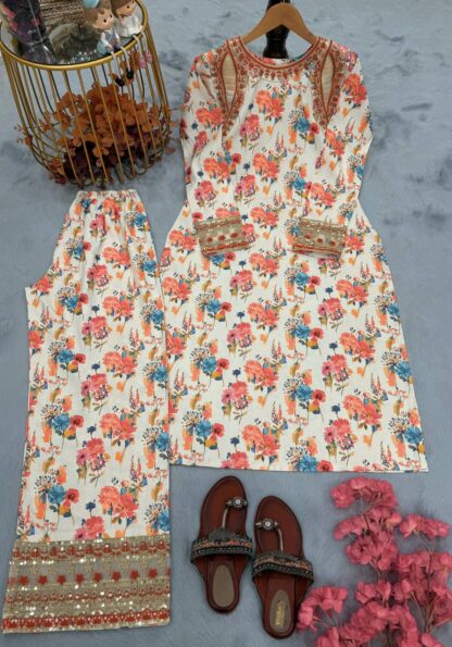 PD1117 PURE NATURAL CREPE PRINTED & EMBROIDERED CO ORD SET PD1117, SALWAR KAMEEZ WHOLESALER  PD, PLAZZO, Single, Suits