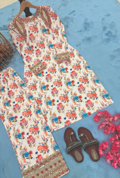 PD1117 PURE NATURAL CREPE PRINTED & EMBROIDERED CO ORD SET PD1117, SALWAR KAMEEZ WHOLESALER  PD, PLAZZO, Single, Suits