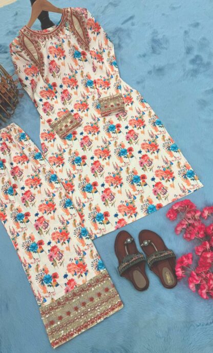 PD1117 PURE NATURAL CREPE PRINTED & EMBROIDERED CO ORD SET PD1117, SALWAR KAMEEZ WHOLESALER  PD, PLAZZO, Single, Suits