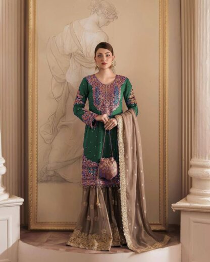 YD 016 GREEN GEORGETTE RICH COMBINATION SALWAR SUITS ONLINE
