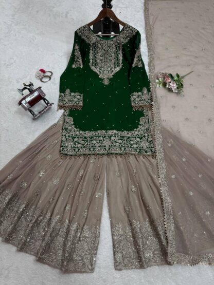 YD 016 GREEN GEORGETTE RICH COMBINATION SALWAR SUITS ONLINE - Image 2