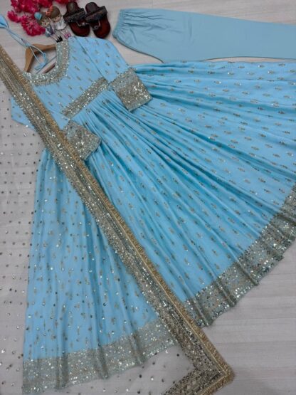 PD1111 SKY BLUE PUR CHINON SILK GOWN ONLINE PD1111 SKY BLUE PUR CHINON SILK GOWN, SALWAR KAMEEZ WHOLESALER  Gown, PD, Single, Suits