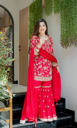 SRK 5302 RED TOP PLAZZO WITH DUPATTA PARTY WEARSRK 5302 RED TOP PLAZZO WITH DUPATTA PARTY WEAR
